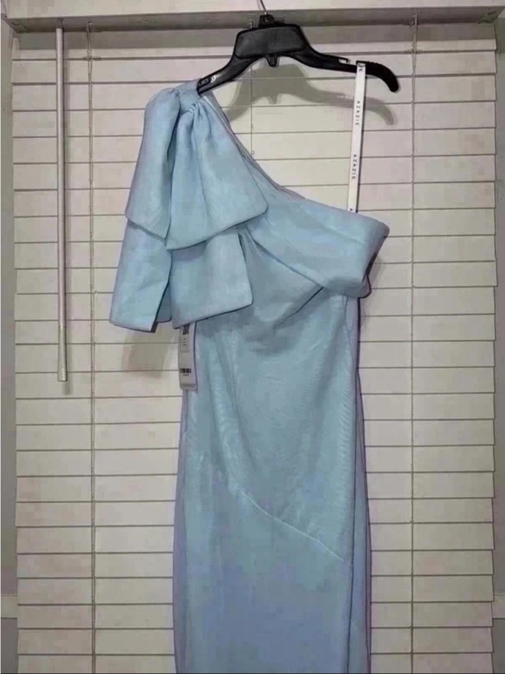 Azazie One-Shoulder Evening Gown in Light Blue with Shoulder Bow - Picture 7 of 9